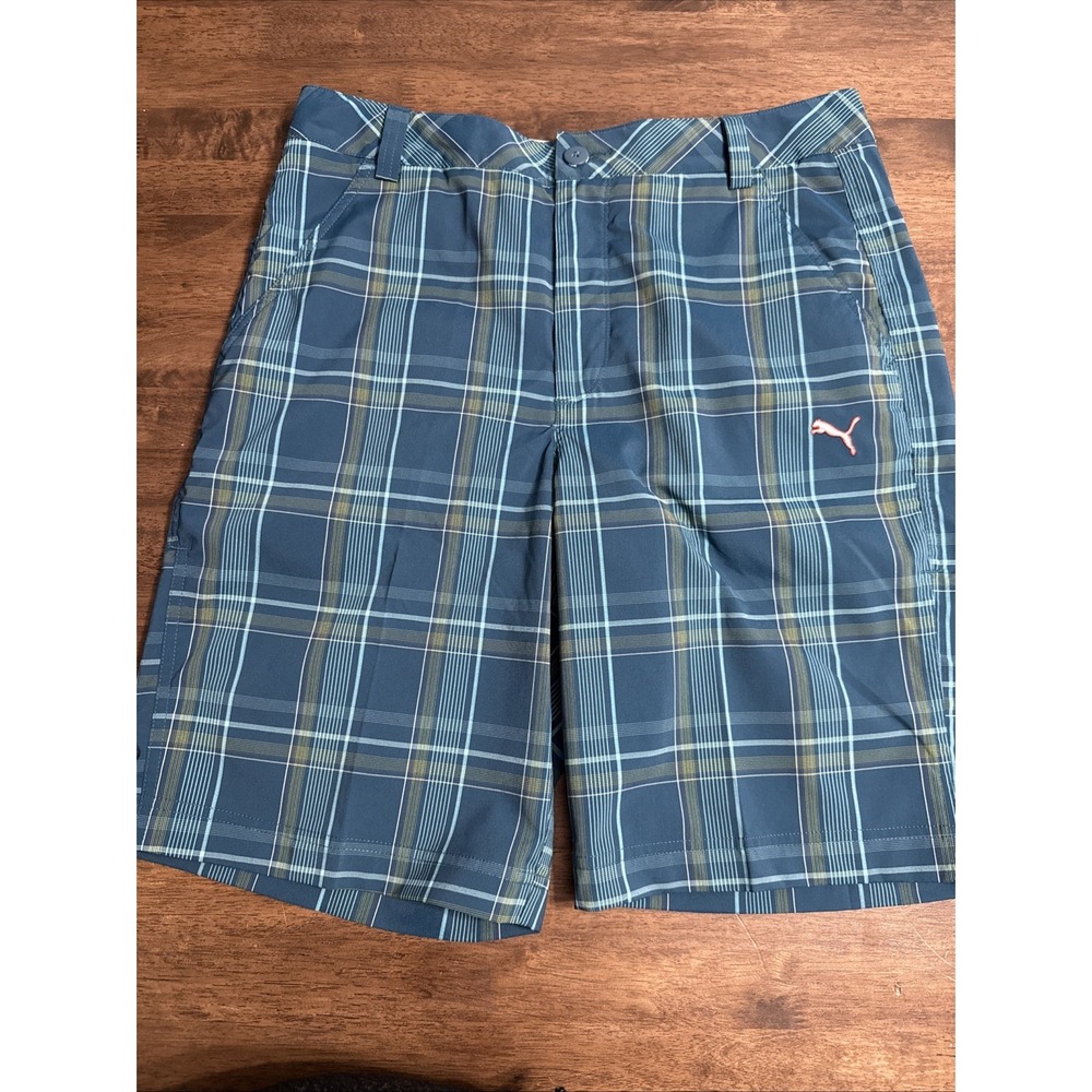 Puma Golf Shorts Mens 32 Blue Plaid Performance Bermuda Preppy Casual Walking‎